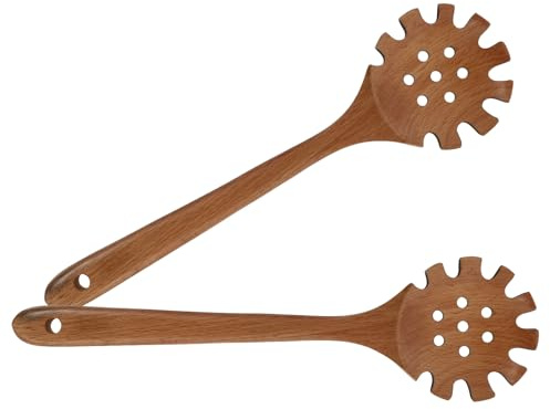 BIUDECO 2 Pièces Cuillère à Pâtes Bois avec Dents Louche Longue Manche Passoire Spaghetti Résistante Rayure pour Cuisson et Service