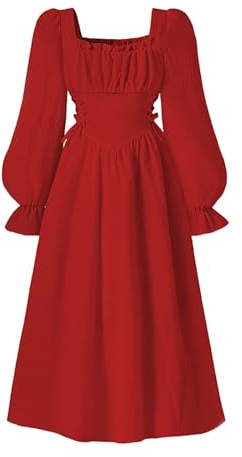 Girls Square Neck Midi Corset Dress Puff Long Sleeve A-Line Lined Casual Flowy Dress Elastic Waist Back Smocked