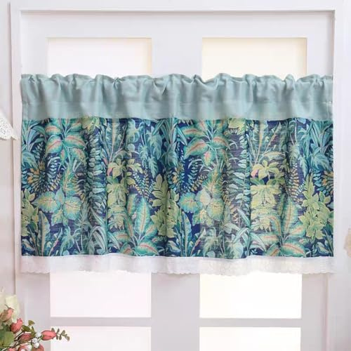 Lsimeru Scheibengardine Blickdicht 60 cm hoch mit Mint Grün Pflanzenmuster,Modern Frühling Bistrogardine mit Spitzenbesatz,Landhausstil Halb Gardinen Fenster für Küche Bad 140x60cm