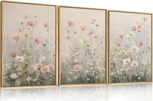 TOARTi Pastell Rosa Aquarell Leinwanddrucke Gerahmte Wildblumen Wandbilder 3er Set Modern Romantische Blumenfeld Wanddekoration für Wohnzimmer Schlafzimmer Badezimmer 30X40CM