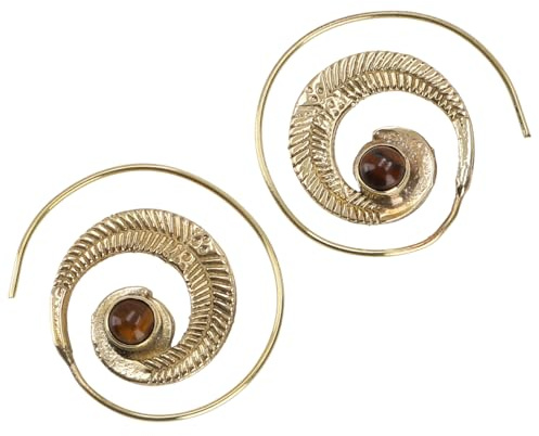 Tribalohrringe aus Messing, Ethnoohrringe, Spirale, Tigerauge/gold