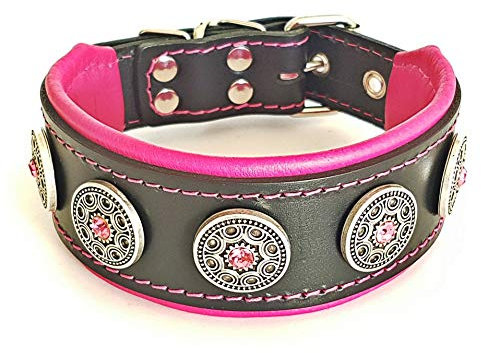 Bestia Pet BC1SPK1 Bijou Lederhalsband, Handarbeit, Top Qualität, 5 cm breit, S, schwarz und pink