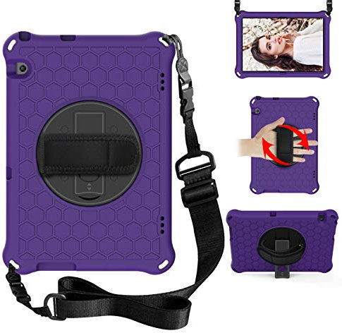 BAUBEY Kids Case for Huawei MediaPad T5 10 10.1 inch,Drop & Shockproof Hybrid Case with 360 Rotating Stand Hand Strap Shoulder Strap Tablet Cover (Purple+Black)