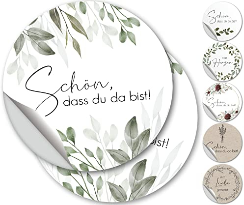 100 Aufkleber Schön dass du da bist - Sticker schön dass du da bist fürs Gastgeschenk, wedding, Hochzeits Sticker, Rund 4,5cm Vintage, Hochzeit, Aufkleber - Eukalyptus