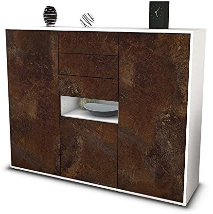 Stil.Zeit Highboard Kommode Paulina, Korpus Weiss matt, Front Industrie-Design Rost (136x108x35cm), Push-to-Open Technik & Leichtlaufschienen