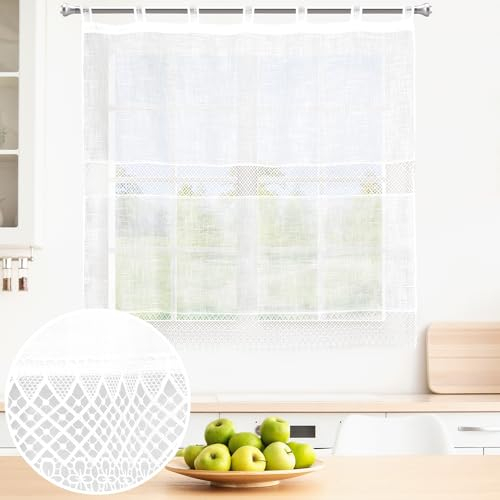 BOD HOME, 1 Pieza, Cortina Translúcida con Trabillas para Cocina, Color Blanco, Comedor, Cortina Media Altura, Poliéster, Diseños Bordados, Fácil Uso e Instalación. AnchoxAlto: 150x150 cm