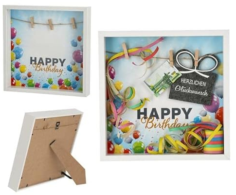wunderschöner 3D Bilderrahmen Happy Birthday MDF,mit Einlegepapier, 3x Mini-Wäscheklammern, 1 x bereits fixiertes Seil, Front mit Glas