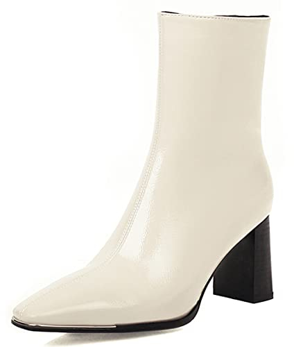 Roimaash Damen Elegant Dress Stiefel Ankle High Zipper Slim Stiefeletten Blockabsatz Square Toe Hochzeit Party Heels Kurze Stiefel Lack Beige Size 46