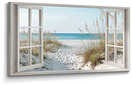 the stream design Beach Window Wall Art Canvas, Coastal Bedroom 40x20