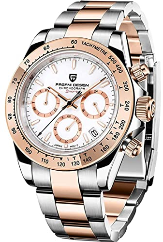 RollsTimi Pagani DesignHerren-Multifunktions-Sportuhr Quarz-Chronograph Uhrwerk Japan VK63 Edelstahlarmband Wasserdicht 100M (Alles Gold und Weiß - 1664)