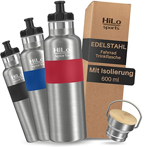 HiLo sports isolierte Trinkflasche Fahrrad Edelstahl 600ml - [Hält 12h warm & 24h kalt] Thermo Radflasche - Auslaufsichere Metall Fahrrad Trinkflasche mit 2 Verschlüssen