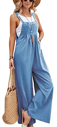 SotRong Latzhose Damen Weite Bein Schlag Jumpsuit mit Tasche Loose Fit Baggy Playsuits Sommer Boho Strampler Ärmellos Riemchen Overalls Casual Adjustable Bib Pants Hellblau XL