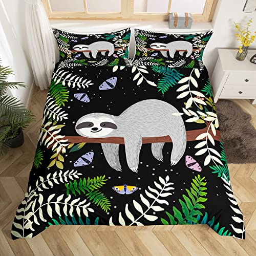 Faultier Bettwäsche 155x220 cm Kinder Jugendliche Tiere Bettwäsche Blätter Blumen Bettbezug Set Tropische Pflanzen Palmblätter Bettwäsche Mädchen Jungen Teens Schlafzimmer Dekor Schwarz Grün