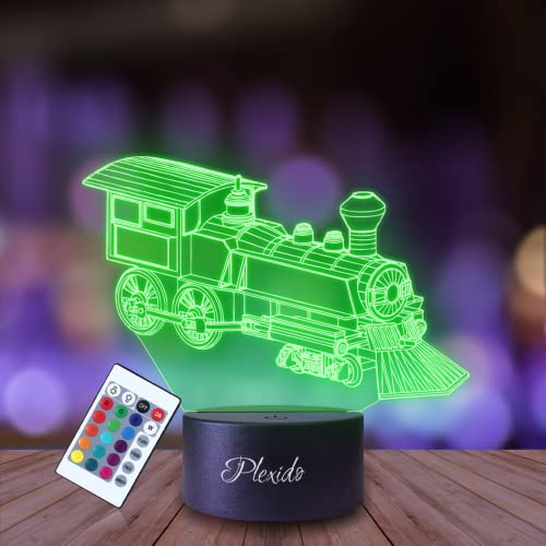 PLEXIDO Nachtlicht Zug Lokomotive U-Bahn Straßenbahn Illusion Lampe 3D Nachttischlampe Geschenk für Kinder Personalisiert Graveur Weltrau Kinderzimmer LED Licht Fernbedienung 16 Farbwechsel Wohnzimmer