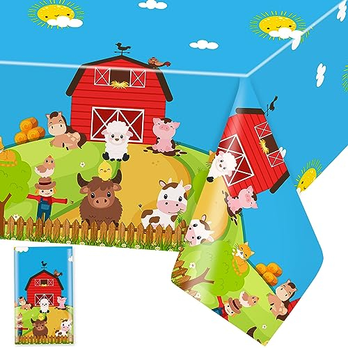 Bauernhof Tiere Tischdecke Bauernhaus Tischdecken Thema Bauernhof Plastik Tischtuch Rechteckige Wasserdicht Kuh Motiv Kinder Geburtstag Party Dekoration, 137 x 274cm, 1 Stück