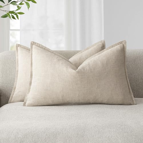 Foindtower 2er Set Kissenbezüge Dekorative Neutral Leinen Kissenbezug Farmhouse AWeiches Akzentkissenbezug Nackenkissen Kopfkissen Couchkissen Dekokissen Wohnzimmer 30x50 cm Natur Beige