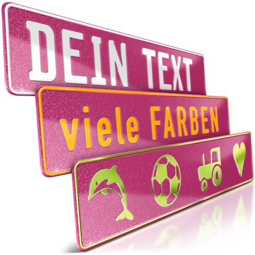 schildEVO 1 Fun-Schild geprägt | Pink Glitter mit Wunschtext bis zu 16 Zeichen | Aluminium Namensschild | Individuelles Fun-Kennzeichen | Bohrlöcher & Saugnäpfe
