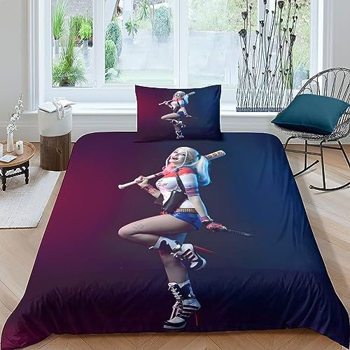 GIOSBR Harley Quinn Für Kinder Mädchen Jungen Bettwäschegarnitur Bettbezug Set 3D Gedruckter Weich Microfaser Reissverschluss Und Kissenbezüge Bettwäsche 2 Teilig Single(135x200cm)