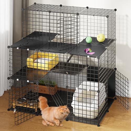 YITAHOME Gabbia Grande per Gatti, Recinto per Gatti da Interno con Balcone, Box per Animali Domestici, Metallo Rimovibile, Cuccia per 1-3 Gatti, Furetto, Coniglio, Campeggio, 106 x 71 x 106 cm