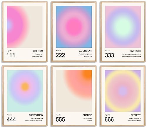 Aura Poster Set Bilder Aesthetic Style Angel Number Poster 6 Stück A4 Engelszahlen Poster Y2K Ästhetik Preppy Room Decor Yoga Poster Poster Manifestation