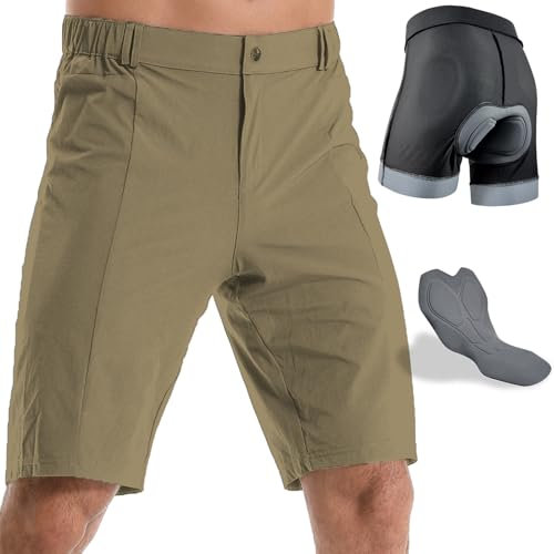 Wulibike Radhose Herren MTB Hose Kurz Fahrradhose Gepolstert 2 in 1 Mountainbike Shorts für Männer mit Polsterung Fahrrad Radfahrhose Reißverschlusstaschen Khaki M