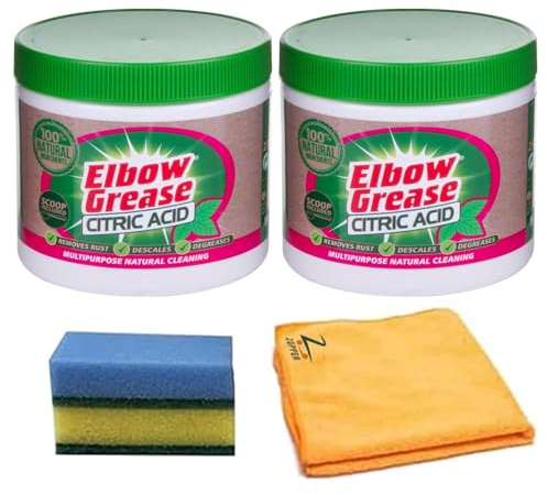 Elbow Grease Citric Acid 250g 2Pk and 1 x Microfiber Cloth & Sponge - Natural Descaler & Degreaser Cleans Stubborn Stains Removal, Rust & Limescale - Countertops, Appliances