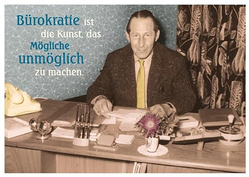 Lustige Bürokratie Postkarte mit Vintage-Motiv und Spruch 'Bürokratie ist die Kunst, das Mögliche unmöglich zu machen' – Humorvolle Karte für Kollegen, Retro Design, Ideal für Amtsschimmel-Witze