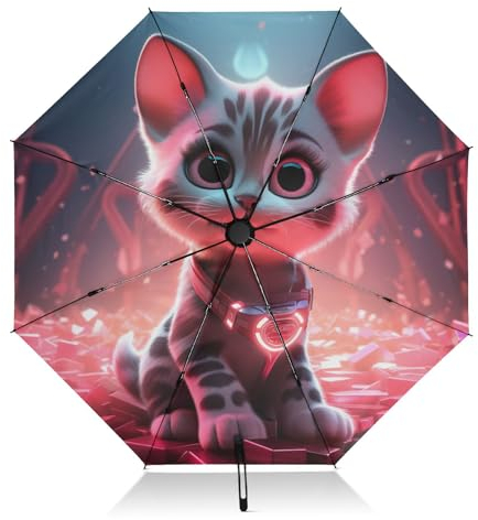 LINNIKEEEE Raumlicht Katze Regenschirm Automatik Auf-Zu UV-Schutz Taschenschirm Klein Leicht Schirme für Jungen Mädchen Reise