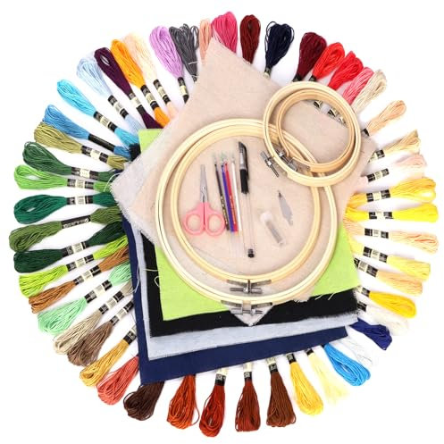 GLARKS Il set da ricamo in tessuto di lino da 78 pezzi include 50 fili da ricamo per punti, 6 panni di lino da ricamo, 6 cerchi in bambù, 10 aghi da cucito e 6 strumenti da sartoria