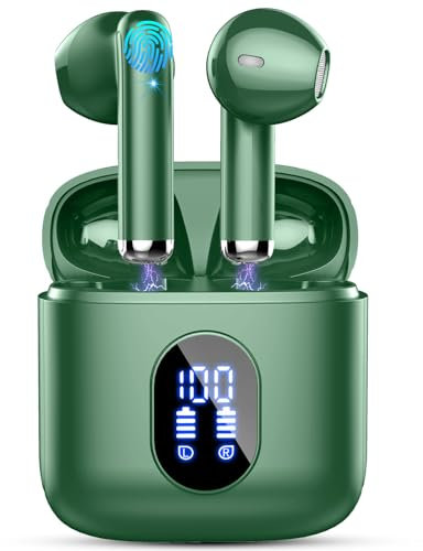 Rinsmola Auriculares Inalámbricos Bluetooth, Auriculare Bluetooth con HD Mic HiFi Estéreo, Cascos Inalambricos con Reducción de Ruido, 30H Pantalla LED Auriculares In-Ear IP7 Impermeable, Verde