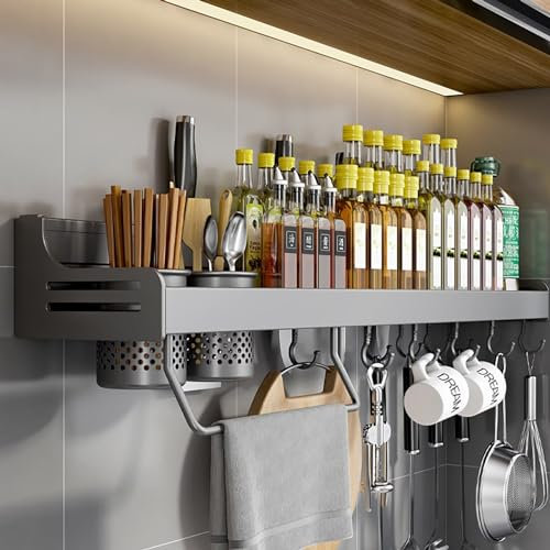 Xinwanhong Gewürzregal Wand aus Metall, Gewürzregale Ohne Bohren mit Handtuchhalter und 10 Haken, Gewürzregal Hängend, Spice Rack Bietet Platz für Messer, Essstäbchen und Löffel, Grau, 60cm