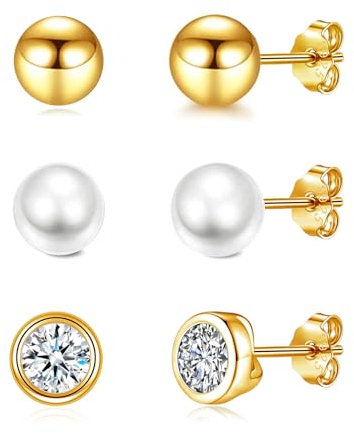 Josfeva 3 Paare 925 Sterling Silber Ohrstecker Ohrring Set, 4mm Kugel/Weiße Perlenohrstecker/Ohr Stecker mit 5A Zirkonia, Silber Ohrstecker Ohrringe für Damen, Hypoallergene Gold Schlafen Ohrringe Set