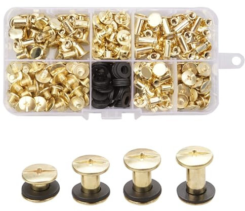 120 Set Brass Chicago Screws Binding Screws, 4 Sizes Screws Nail Rivets Screw Post Metal Nail Rivet Chicago Button, Cross Head Chicago Screws Kit for Leather Craft Belt Wallet Decoration Bookbinding