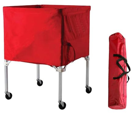 Dickly Rolling Sports Ball Cart, Ball Storage Bin, Folding Sports Ball Cage for Tennis Basketball, Red