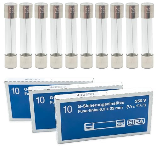 SIBA 1A Glassicherungen 6,3x32mm | 10 Stück Feinsicherungen Träge Auslösecharakteristik | G-Sicherungseinsätze (6x30mm) für 220V / 230V / 250V AC