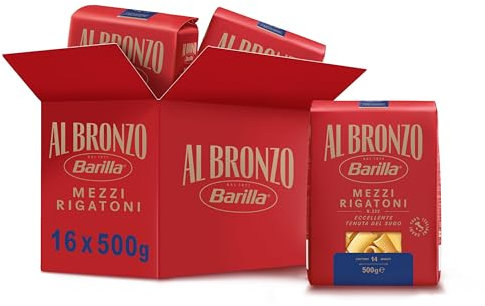 Barilla Pasta Al Bronzo Mezzi Rigatoni 100% Grano Italiano, Pasta Trafilata Al Bronzo con Lavorazione al Bronzo Grezzo, Formato Spesso e Corposo, Alta Tenuta di Sugo e Cottura, 16 Confezioni da 500 g