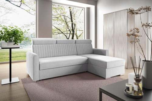 LIKMA Grau Ecksofa Neli L-Form 213x165 cm mit Schlaffunktion (190x125 cm) Eckcouch mit Bettkasten und Verstellbare Kopfstützen Wohnlandschaft Bettsofa mit Stauraum Polstermöbel Sofa