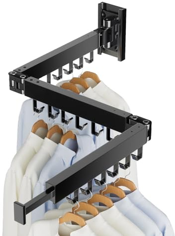 YUNISS Stendibiancheria da Parete Pieghevole, 3 Braccia in Alluminio da 129 cm con 18 Ganci, Girevole a 360° per Interno/Esterno (Balcone, Lavanderia, Bagno) -Nero