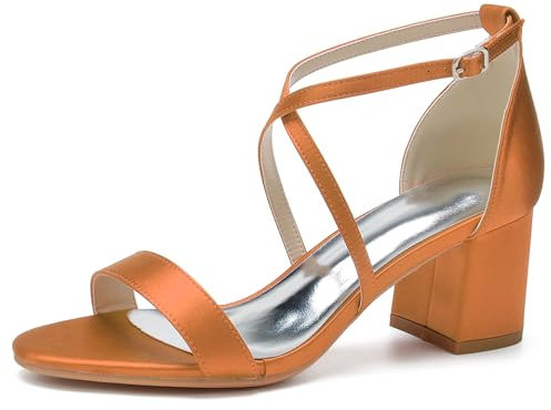 HFWXYSA Sandali da Sposa Tacco Largo Donna Cinturino alla Caviglia Punta Aperta Scarpe da Matrimonio Festa,Arancia,39 EU