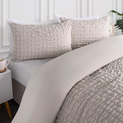 OHS Seersucker Bedding Double Duvet Set, Geometric Seersucker Duvet Cover Sets Luxurious Quilt Cover Embossed Waffle Bedding Double Bed Set with Matching Pillowcases, Stone