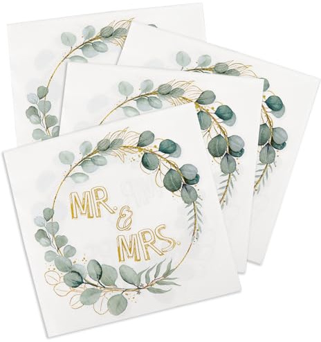 Serviette Hochzeit MR & MRS, 32 Stück Eukalyptus Tischdeko, Servietten Goldene Hochzeit 33x33cm, Personalisiert für Wedding Valentinstag Jubiläum Party