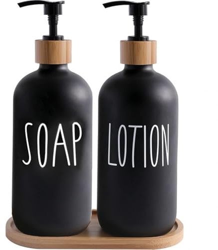 Braozaiw kitchen Soap Dispenser Set, washing up liquid dispenser, Glass Soap Dispenser with Bamboo Tray,suitable for Bathroom, Kitchen, Laundry Room (Black 2 pack)