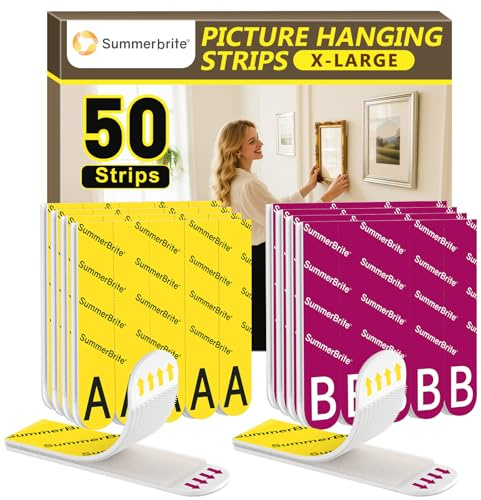 Summerbrite Picture Hanging Strips Heavy Duty 25 Pairs(50 Strips,XL),Damage Free Hanging Adhesive Strips,Mounting Tapes Removable,No Nails for Picture Photo Frames Hanger