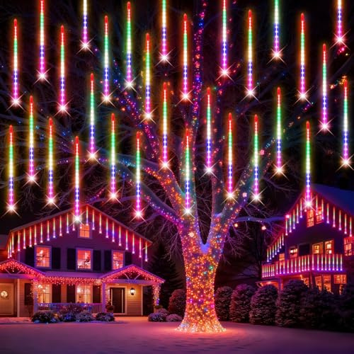PEMOTech Weihnachtsbeleuchtung Außen,24 Röhren 30 CM 576 LEDs eiszapfen lichterkette außen，Wasserdichte Fallende Regen Lichter für Weihnachten Halloween Weihnachtsbaum, Weihnachtsdeko Aussen, Blau