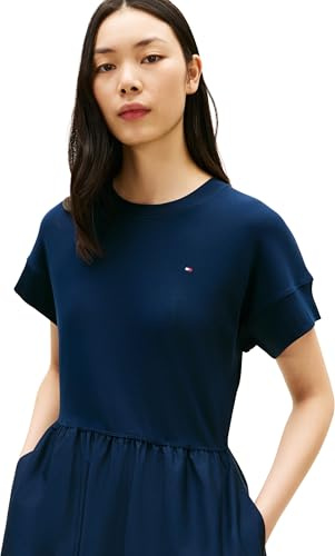 Tommy Hilfiger Women's Cody Mix Media C-Nk Midi Dress WW0WW51148, Blue, M