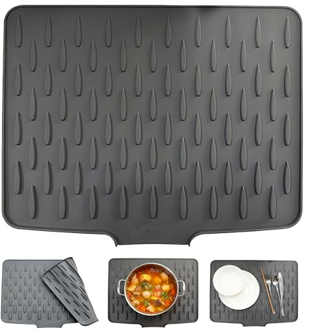 Abtropfmatte für Spüle & Arbeitsplatte, 40x32,5cm. Hitzebeständige, rutschfeste & auslaufsichere Silikon-Matte mit Gefälle-Design.Faltbare geschirr abtropfmatte für Arbeitsplattenschutz (Grey)