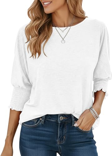 Cuptacc Damen Tshirt Elegant Round Neck Tunika 3/4 Ärmel Weiß XXXL