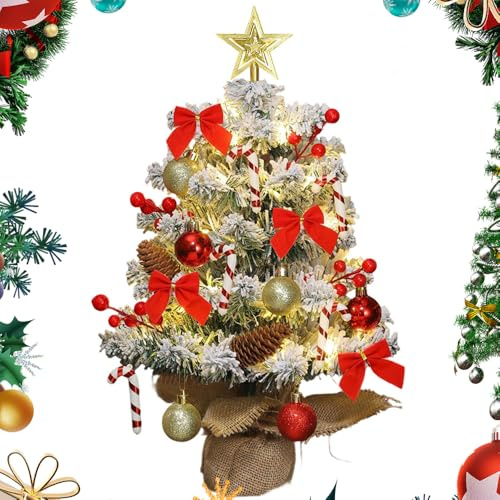 Mineup Mini Weihnachtsbaum, 45cm Kleiner Weihnachtsbaum Mit Beleuchtung, Künstlicher Weihnachtsbaum mit Beleuchtung, Tannenzapfen und roten Früchten für Weihnachtsdeko, Neujahr Haus, als Advents
