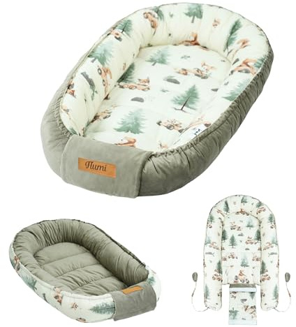 Flumi Babynest Kokon Baby Kuschelnest wendbar aus Baumwolle und Velvet, OEKO-TEX, personalisierbar mit Namen, für Neugeborene (beige Tiere)
