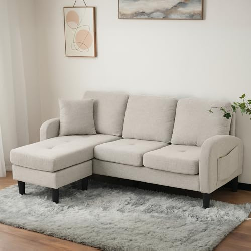 Luscriate L förmiges Ecksofa klein Sofa mit Chaiselongue, 3-Sitzer Sofa 166×118×77 cm, atmungsaktivem Baumwoll-Leinenstoff, Wohnzimmer, kleine Wohnungen Beige Grey (Beige)
